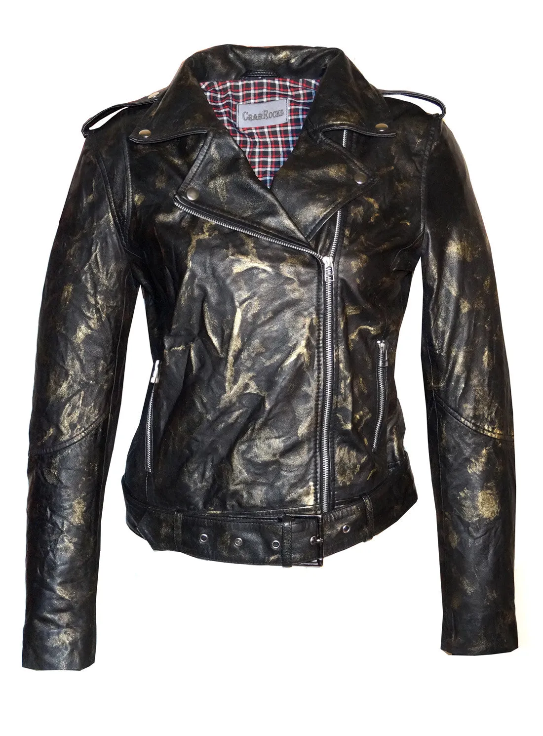 Vintage Golden Abstract Women Classic Biker Leather Jacket