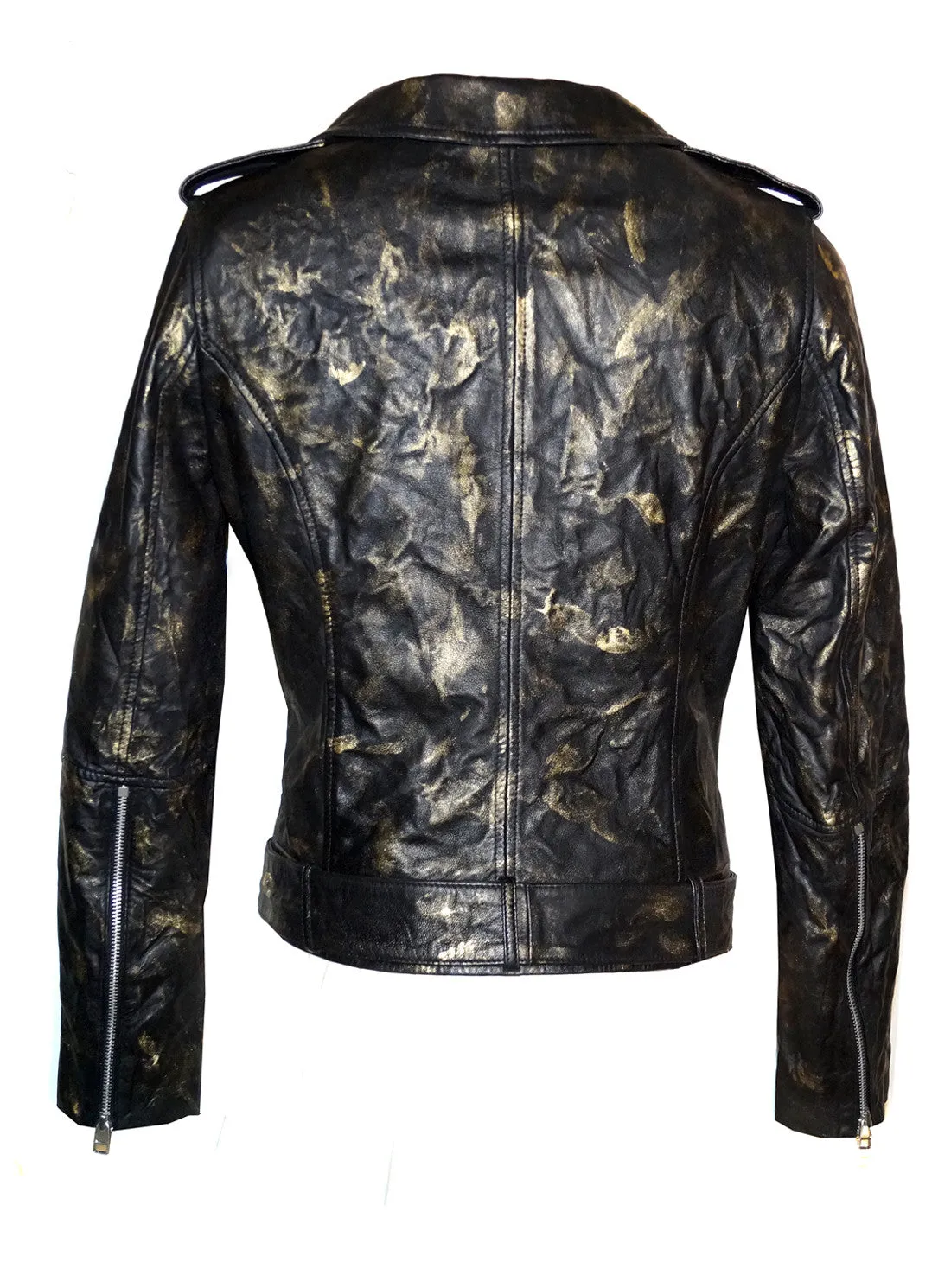 Vintage Golden Abstract Women Classic Biker Leather Jacket