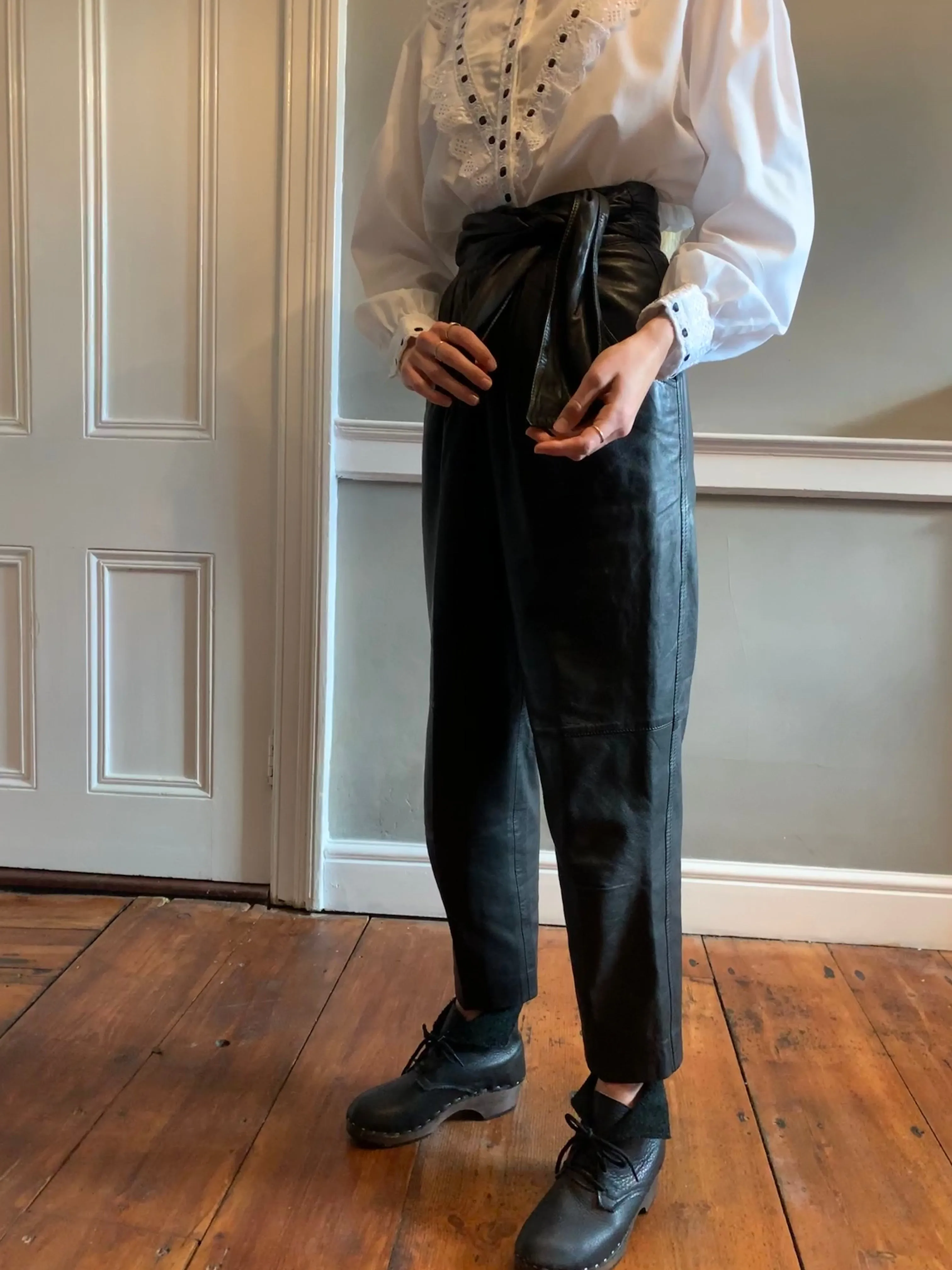 Vintage tie waist leather trousers