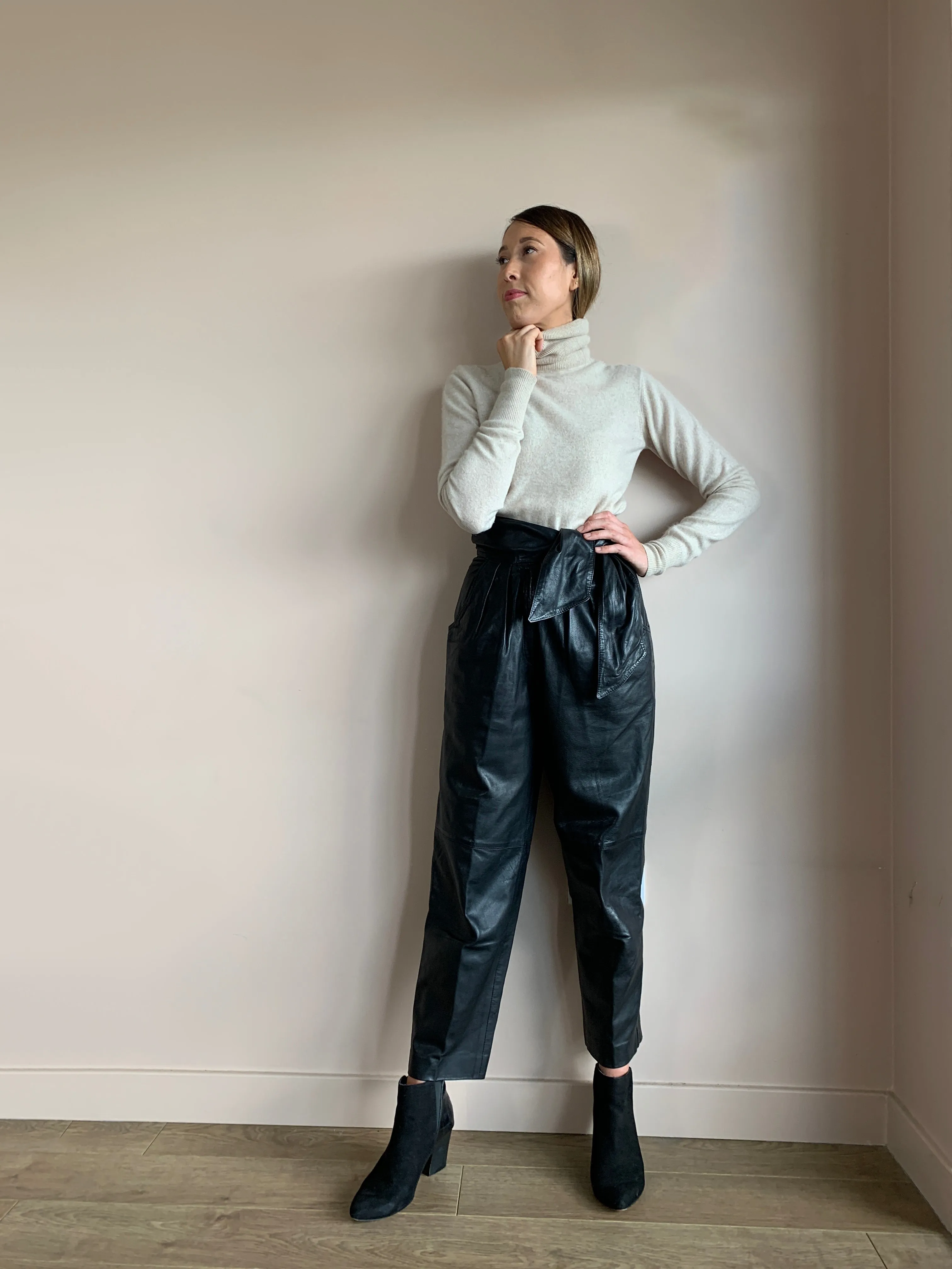 Vintage tie waist leather trousers