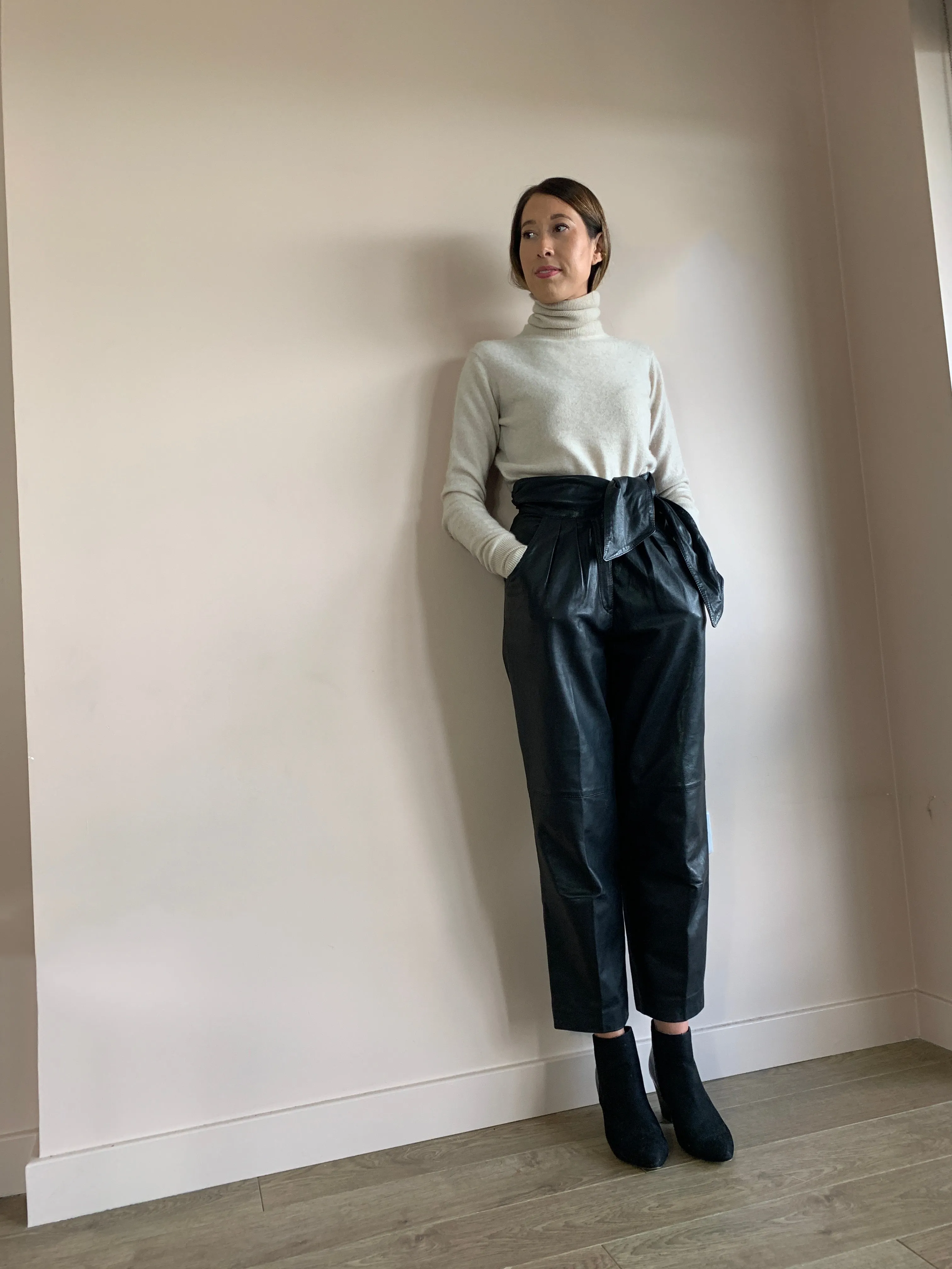 Vintage tie waist leather trousers