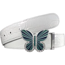 White Crocodile Textured Leather Belt with Butterfly Buckle