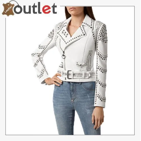 White Lambskin Perfecto Spike-Stud Biker Jacket