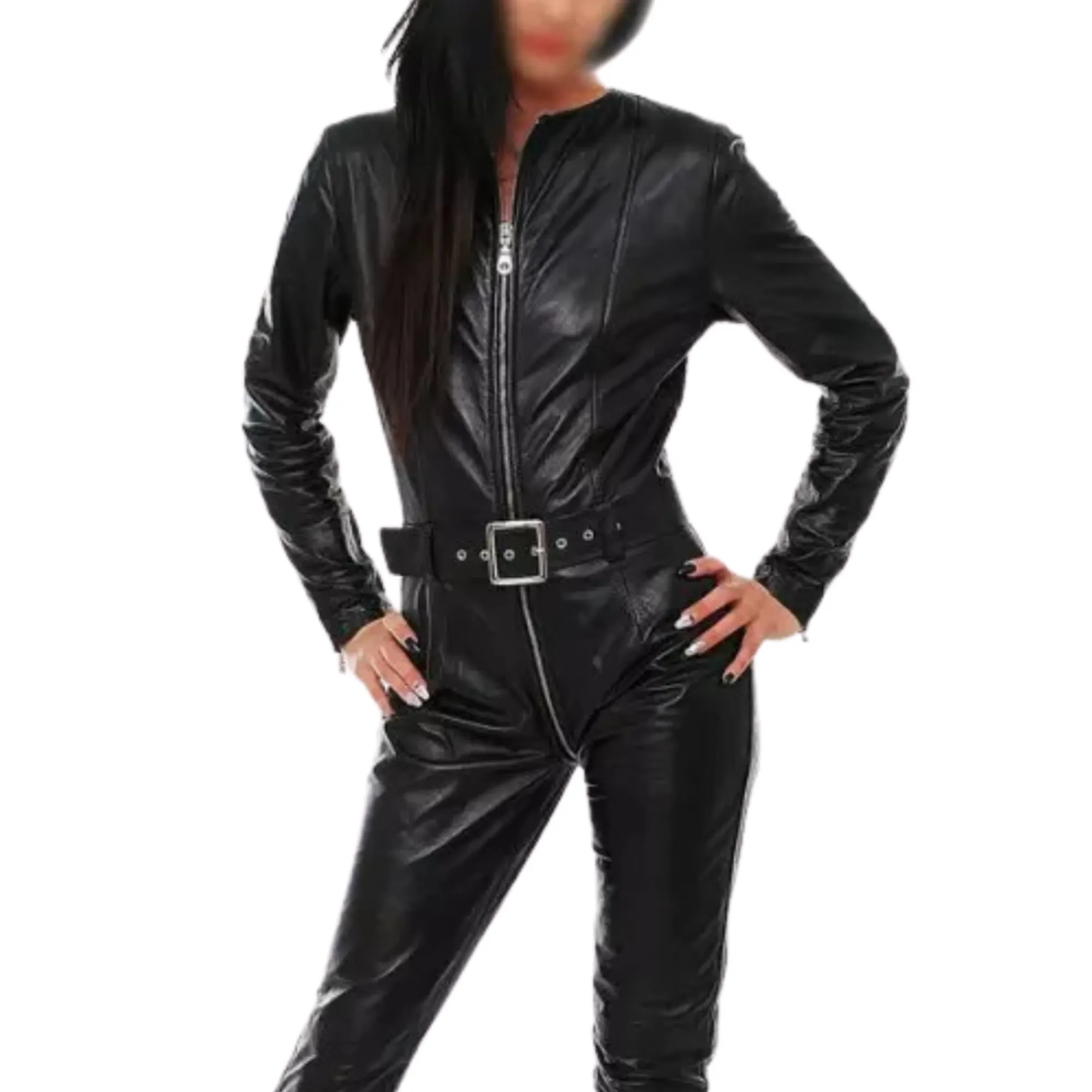 Womens Black Leather Jumpsuit with Belt