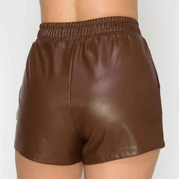 Womens Chocolate High Waist Leather Short