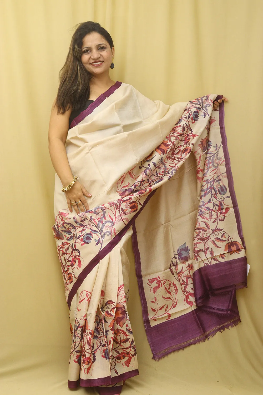 Yellow Tussar Printed Silk Saree