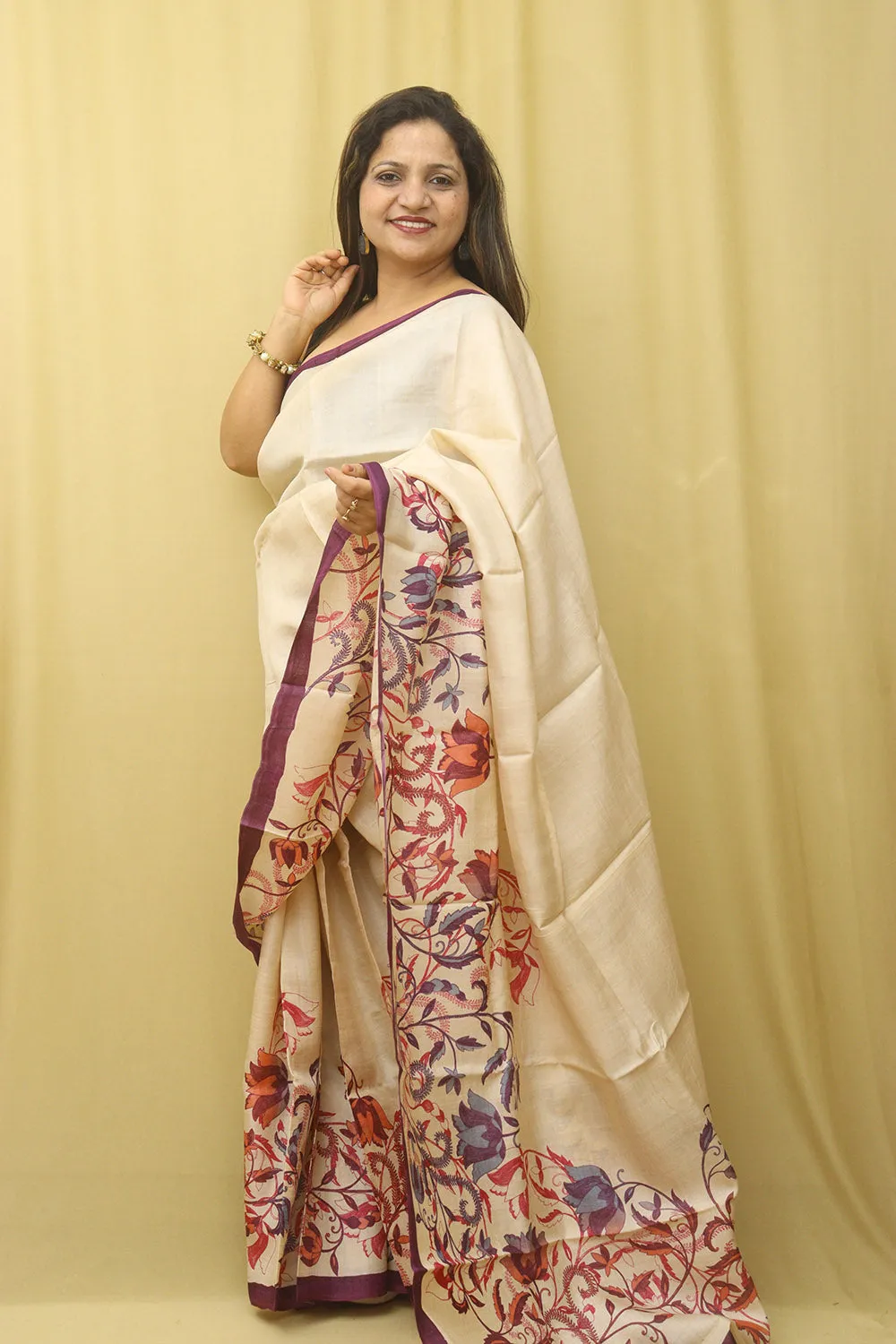 Yellow Tussar Printed Silk Saree