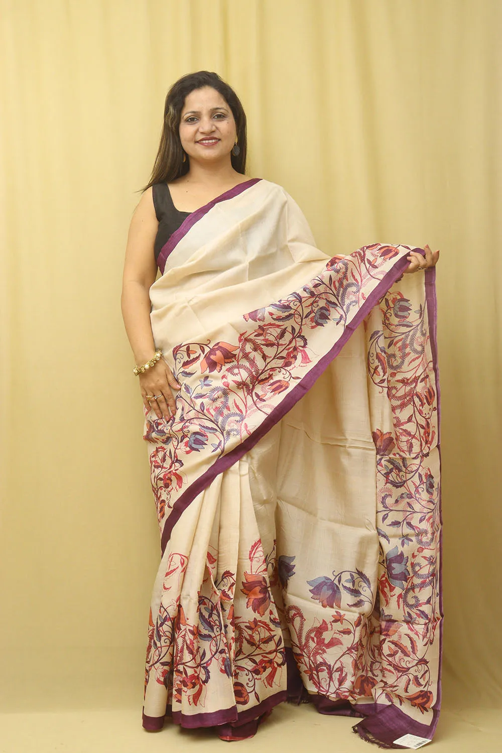 Yellow Tussar Printed Silk Saree