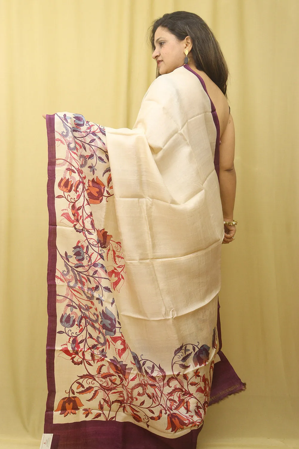 Yellow Tussar Printed Silk Saree